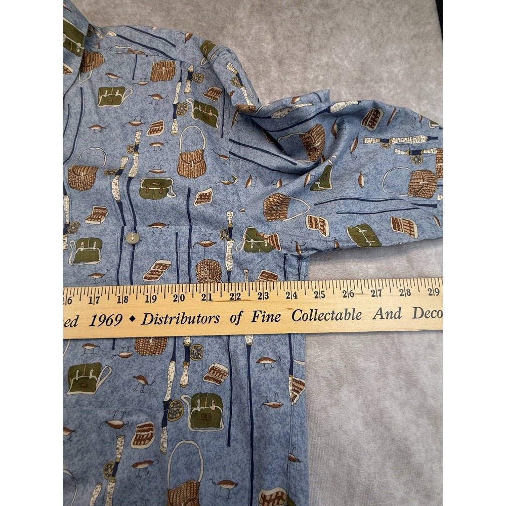 Vintage Burma Bibas Mens L Fishing Shirt Cotton Lawn Fly Rod Lure Novelty Print - Picture 10 of 11